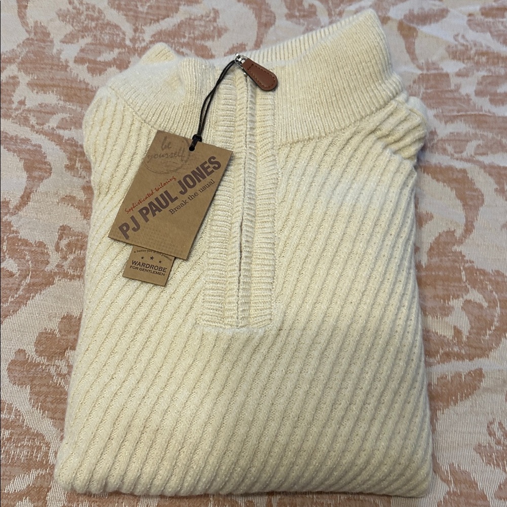 Paul Jones Men’s XL Off-White Ribbed Knit Sweater Quarter Zip.
